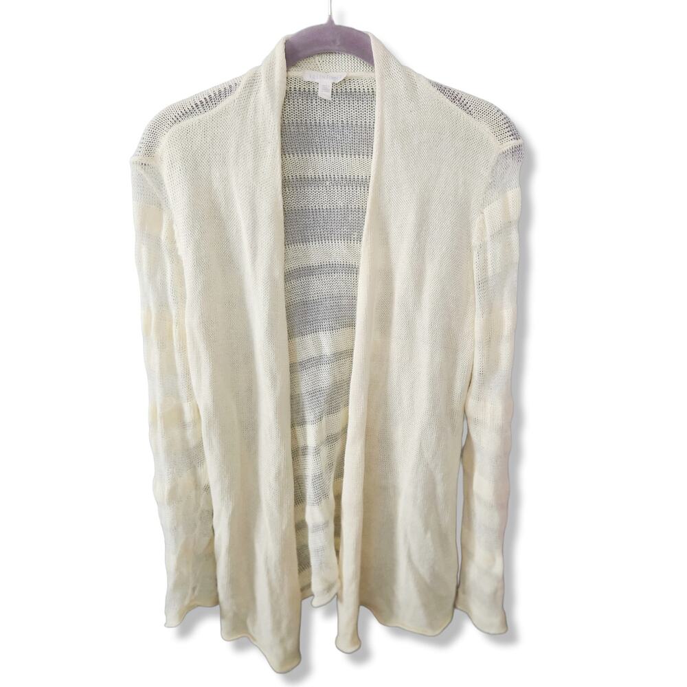 Eileen Fisher cream Linen Cardigan open knit crochet Longline oversize S coastal